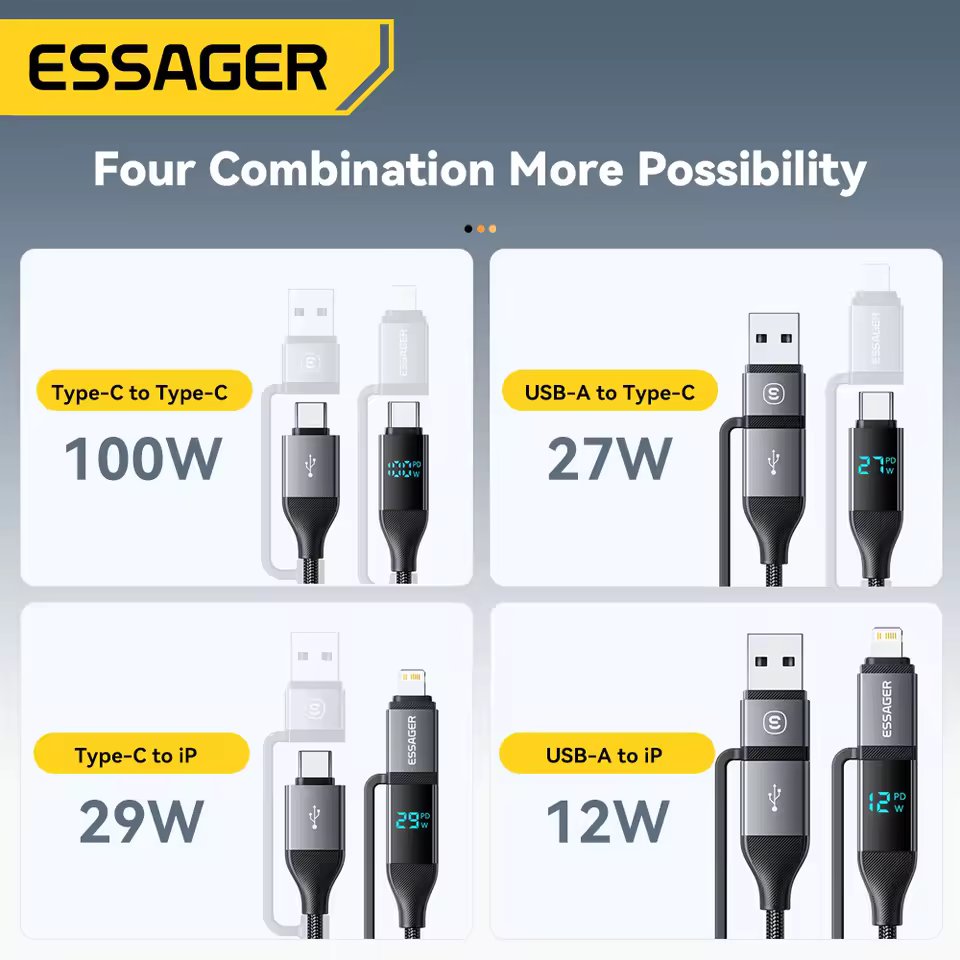 Essager Câble Tressé 4-en-1 100W PD avec Écran LCD 1m - Arsenal HANTKO